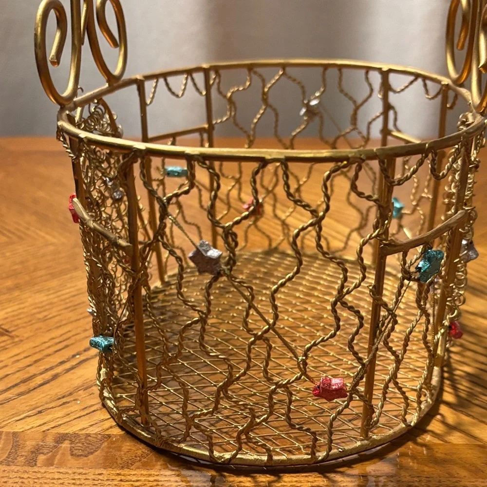 Gold Wire Basket with Multicolor Accents Holiday Decor